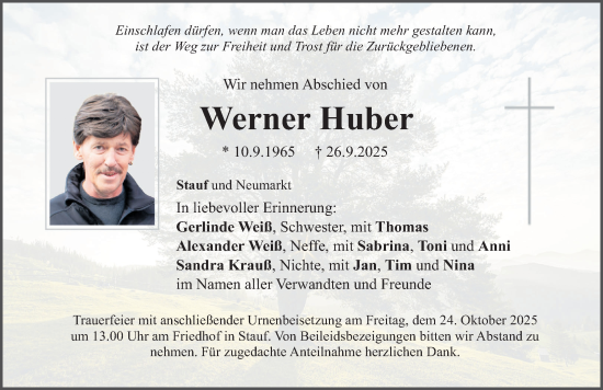 Traueranzeige von Werner Huber von Neumarkter Nachrichten Lokal