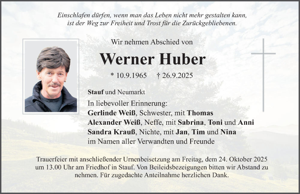  Traueranzeige für Werner Huber vom 07.10.2025 aus Neumarkter Nachrichten Lokal