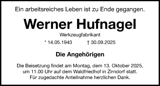 Traueranzeige von Werner Hufnagel von Fürther Nachrichten Lokal