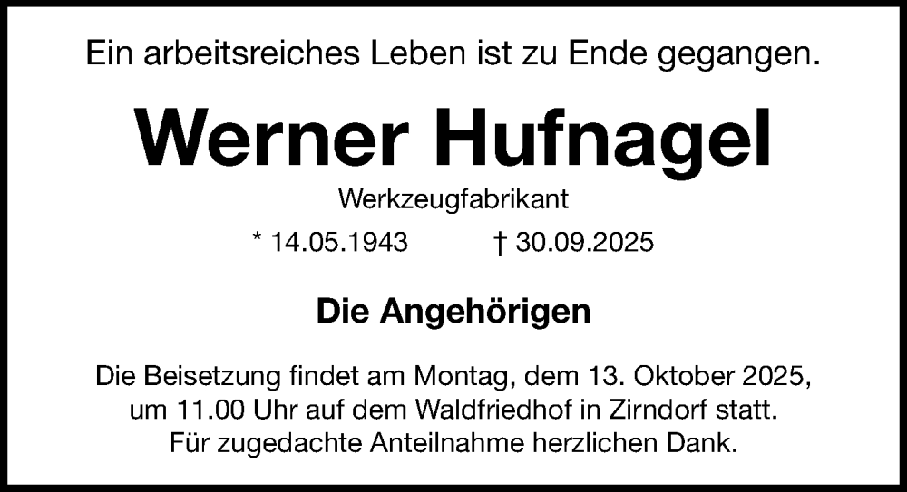  Traueranzeige für Werner Hufnagel vom 11.10.2025 aus Fürther Nachrichten Lokal