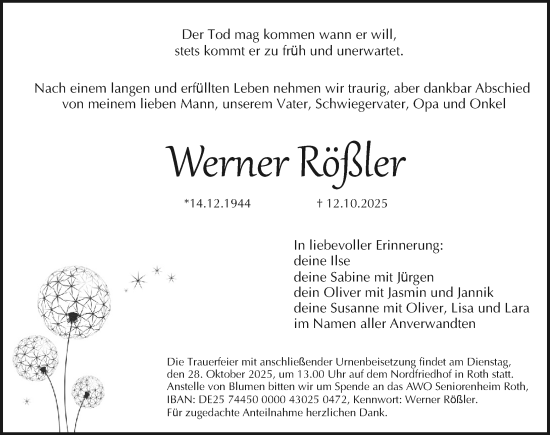 Traueranzeige von Werner Rößler von Roth-Hilpoltsteiner Volkszeitung Lokal