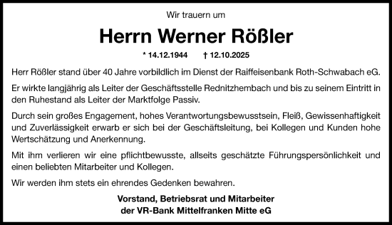 Traueranzeige von Werner Rößler von Roth-Hilpoltsteiner Volkszeitung Lokal