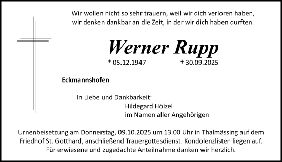 Traueranzeige von Werner Rupp von Roth-Hilpoltsteiner Volkszeitung Lokal