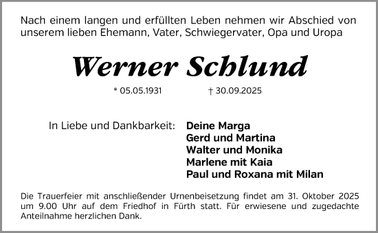 Traueranzeige von Werner Schlund von Fürther Nachrichten Lokal