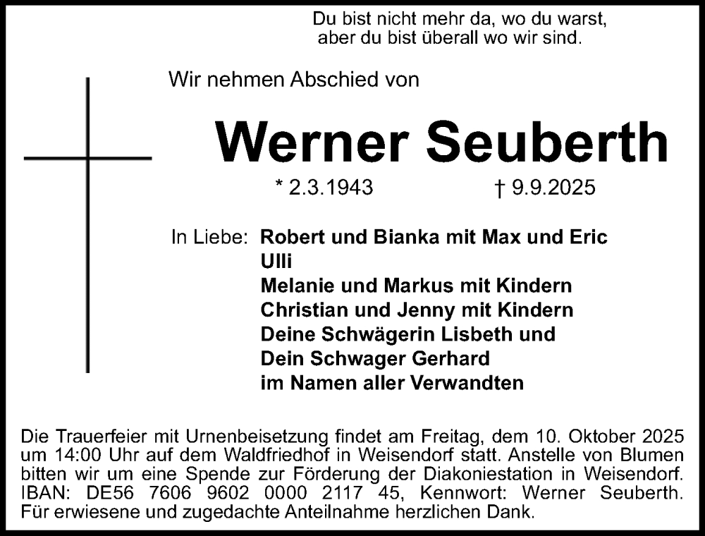  Traueranzeige für Werner Seuberth vom 04.10.2025 aus Erlanger Nachrichten Lokal