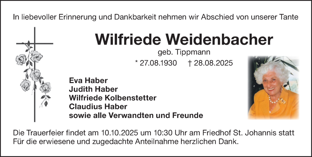  Traueranzeige für Wilfriede Weidenbacher vom 04.10.2025 aus Gesamtausgabe Nürnberger Nachrichten/ Nürnberger Ztg.
