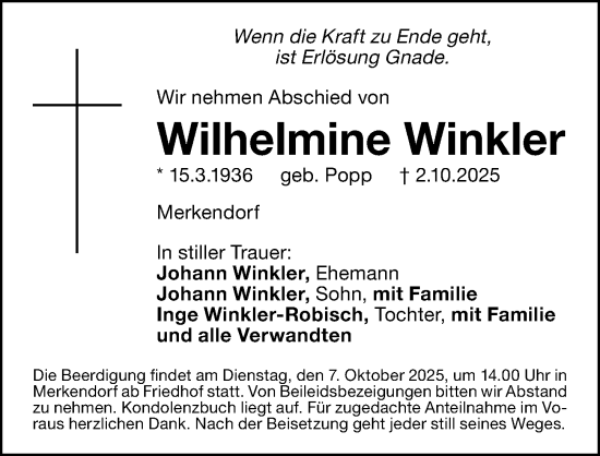 Traueranzeige von Wilhelmine Winkler von Altmühl-Bote Lokal