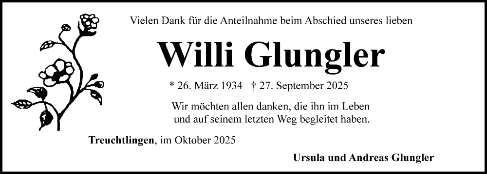  Traueranzeige für Willi Glungler vom 25.10.2025 aus Altmühl-Bote Lokal