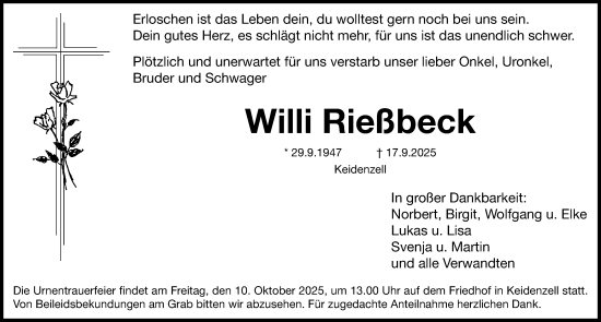 Traueranzeige von Willi Rießbeck von Fürther Nachrichten Lokal