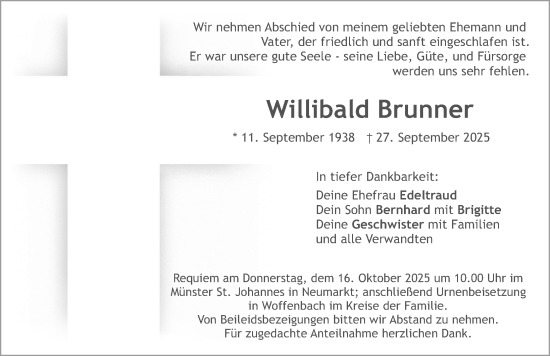Traueranzeige von Willibald Brunner von Neumarkter Nachrichten Lokal