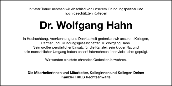 Traueranzeige von Wolfgang Hahn von Gesamtausgabe Nürnberger Nachrichten/ Nürnberger Ztg.