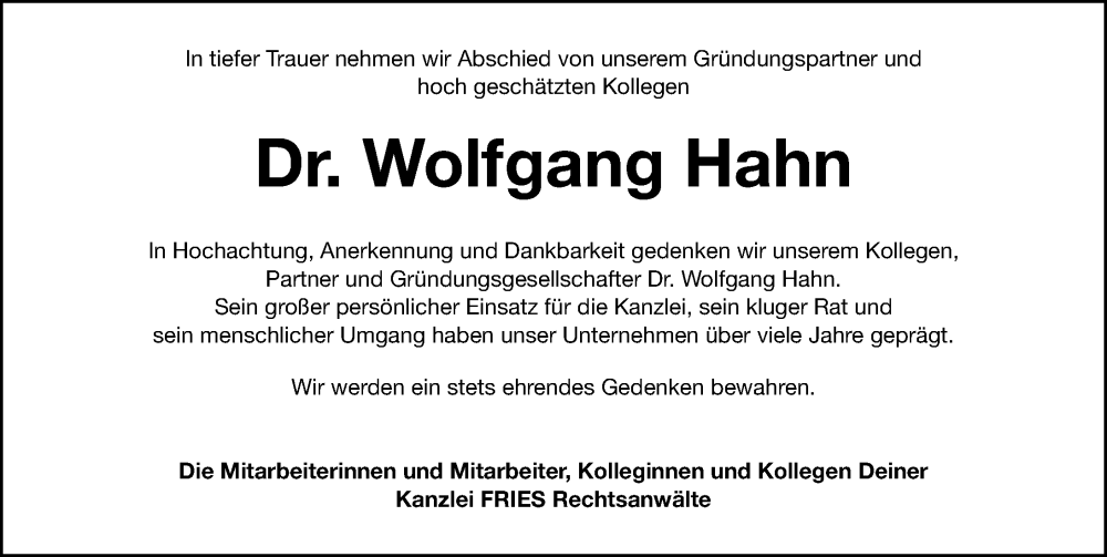  Traueranzeige für Wolfgang Hahn vom 11.10.2025 aus Gesamtausgabe Nürnberger Nachrichten/ Nürnberger Ztg.