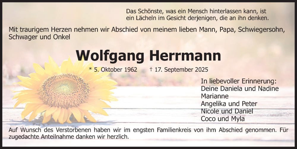  Traueranzeige für Wolfgang Herrmann vom 25.10.2025 aus Fürther Nachrichten Lokal