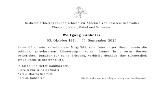 Traueranzeige von Wolfgang Käßhöfer von Gesamtausgabe Nürnberger Nachrichten/ Nürnberger Ztg.