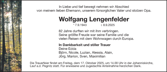 Traueranzeige von Wolfgang Lengenfelder von Gesamtausgabe Nürnberger Nachrichten/ Nürnberger Ztg.
