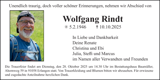Traueranzeige von Wolfgang Rindt von Erlanger Nachrichten Lokal