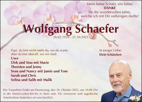 Traueranzeige von Wolfgang Schaefer von Gesamtausgabe Nürnberger Nachrichten/ Nürnberger Ztg.