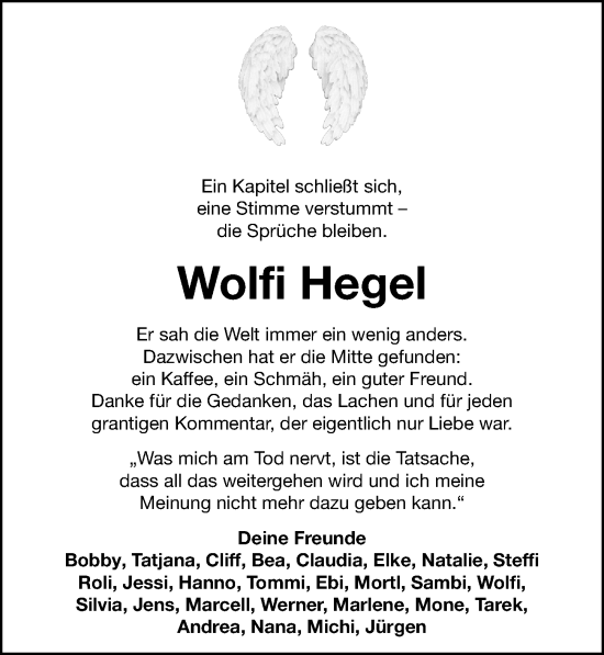 Traueranzeige von Wolfi Hegel von Neumarkter Nachrichten Lokal