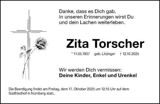 Traueranzeige von Zita Torscher von Gesamtausgabe Nürnberger Nachrichten/ Nürnberger Ztg.