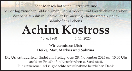 Traueranzeige von Achim Kostross von Gesamtausgabe Nürnberger Nachrichten/ Nürnberger Ztg.