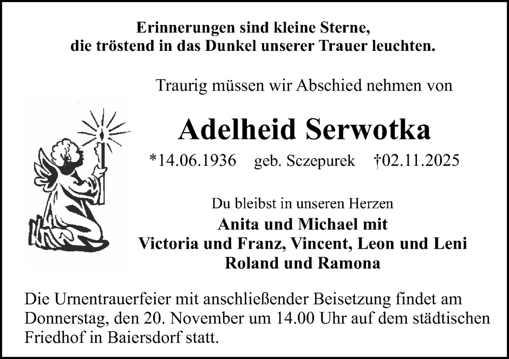  Traueranzeige für Adelheid Serwotka vom 15.11.2025 aus Erlanger Nachrichten Lokal