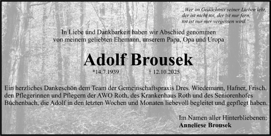 Traueranzeige von Adolf Brousek von Roth-Hilpoltsteiner Volkszeitung Lokal