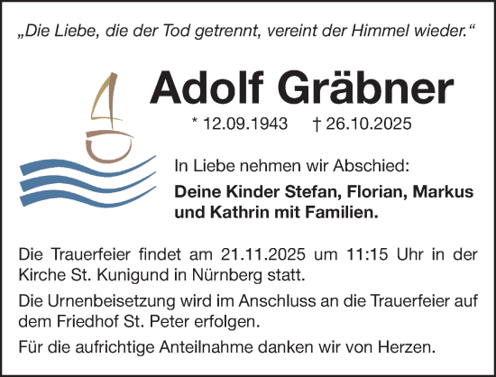 Traueranzeige von Adolf Gräbner von Gesamtausgabe Nürnberger Nachrichten/ Nürnberger Ztg.