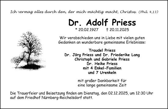 Traueranzeige von Adolf Priess von Gesamtausgabe Nürnberger Nachrichten/ Nürnberger Ztg.