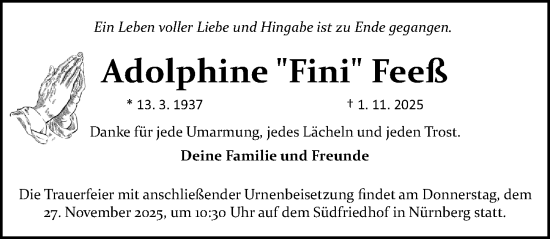 Traueranzeige von Adolphine Feeß von Gesamtausgabe Nürnberger Nachrichten/ Nürnberger Ztg.