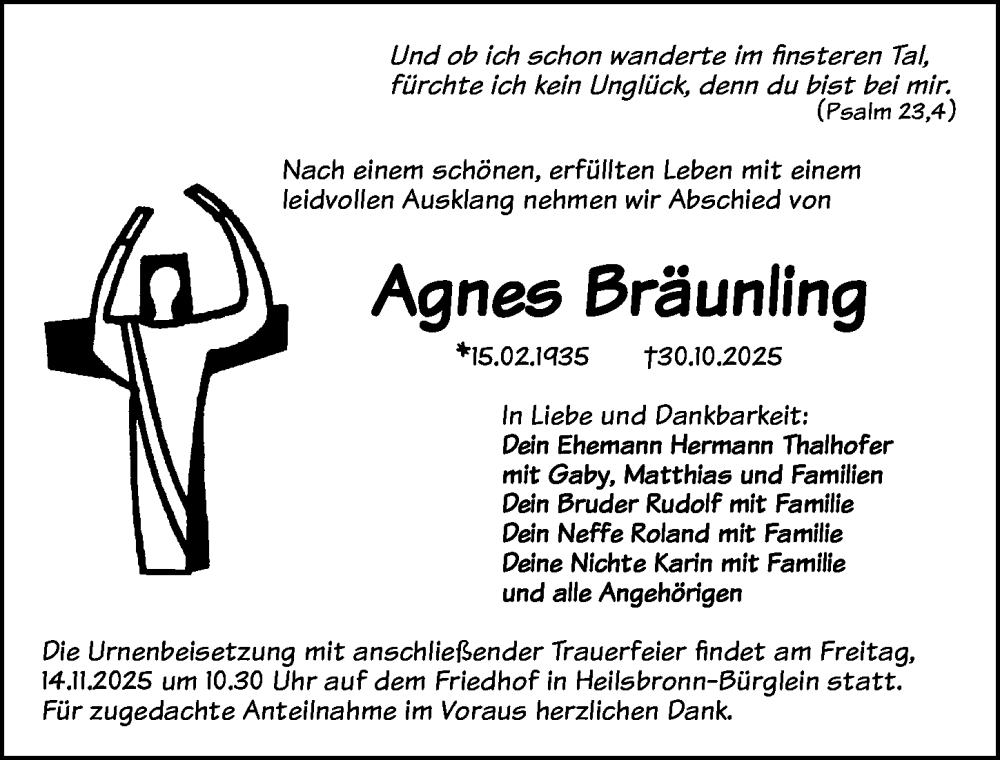  Traueranzeige für Agnes Bräunling vom 08.11.2025 aus Gesamtausgabe Nürnberger Nachrichten/ Nürnberger Ztg.