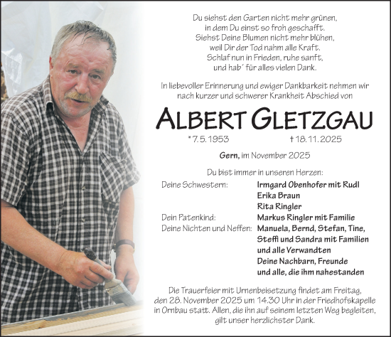 Traueranzeige von Albert Gletzgau von Altmühl-Bote Lokal