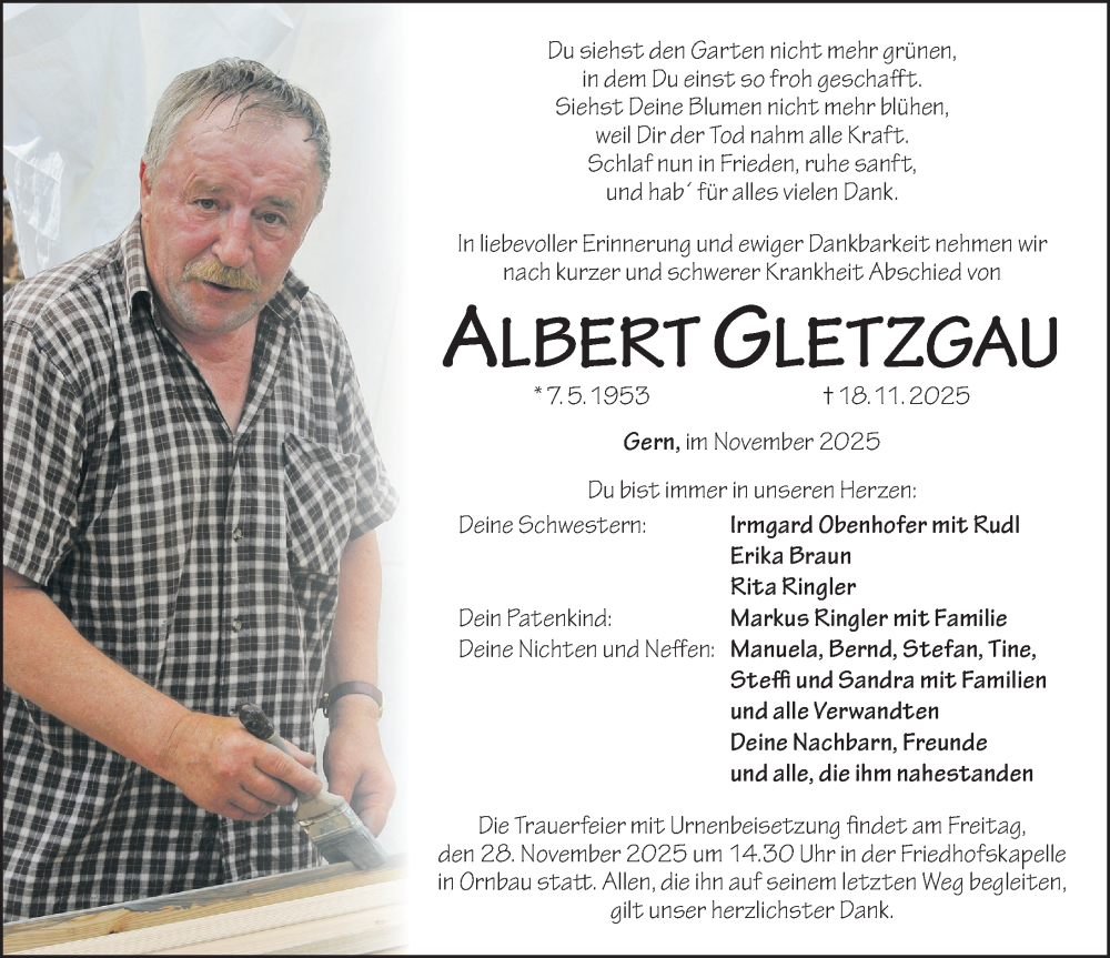  Traueranzeige für Albert Gletzgau vom 22.11.2025 aus Altmühl-Bote Lokal