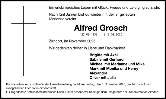 Traueranzeige von Alfred Grosch von Fürther Nachrichten Lokal