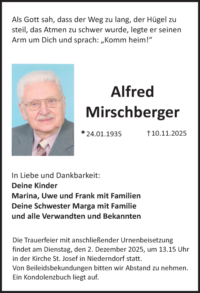  Traueranzeige für Alfred Mirschberger vom 15.11.2025 aus Nordbayerische Nachrichten Herzogenaurach Lokal