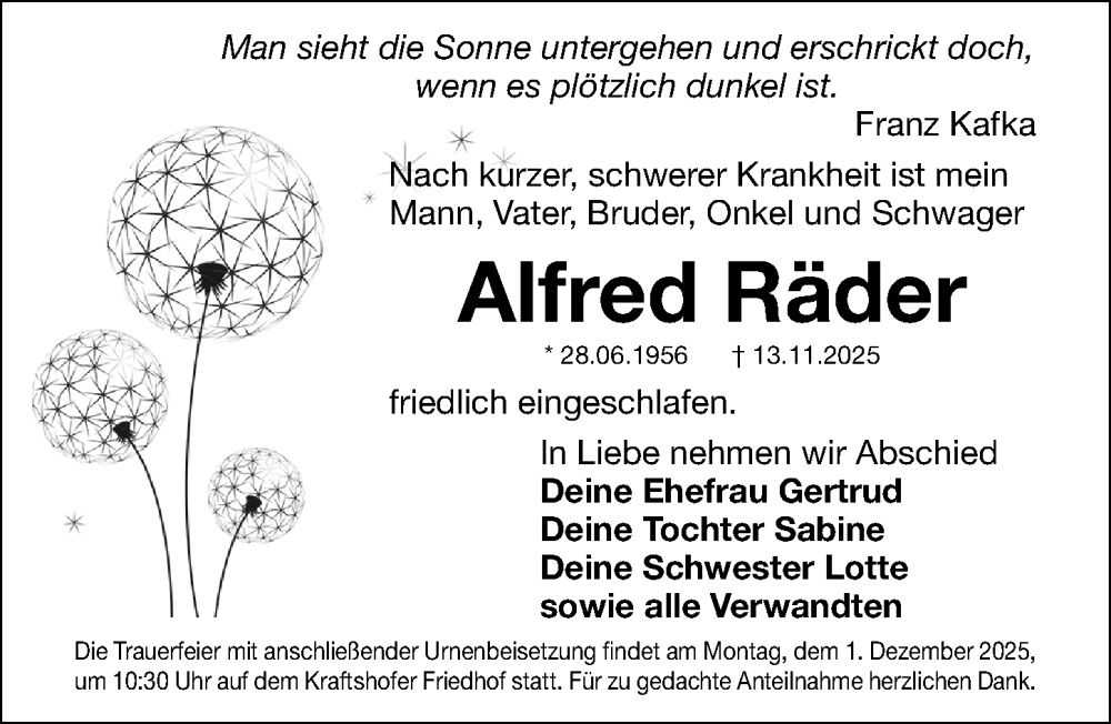  Traueranzeige für Alfred Räder vom 22.11.2025 aus Gesamtausgabe Nürnberger Nachrichten/ Nürnberger Ztg.