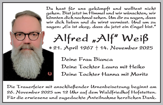 Traueranzeige von Alfred Weiß von Roth-Hilpoltsteiner Volkszeitung Lokal