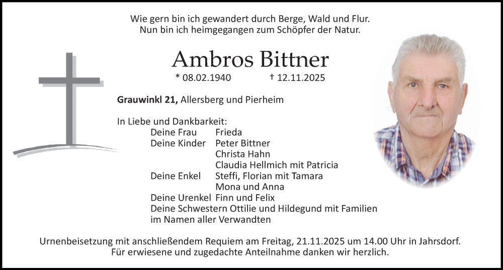  Traueranzeige für Ambros Bittner vom 18.11.2025 aus Roth-Hilpoltsteiner Volkszeitung Lokal