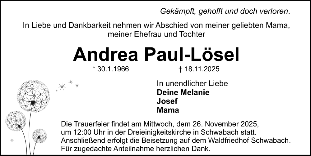  Traueranzeige für Andrea Paul-Lösel vom 22.11.2025 aus Schwabacher Tagblatt Lokal