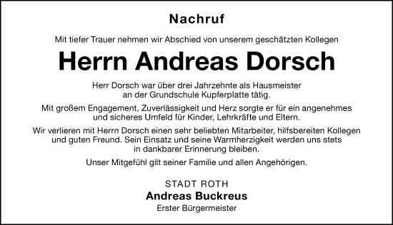 Traueranzeige von Andreas Dorsch von Roth-Hilpoltsteiner Volkszeitung Lokal