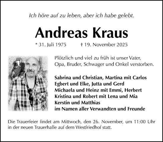 Traueranzeige von Andreas Kraus von Gesamtausgabe Nürnberger Nachrichten/ Nürnberger Ztg.