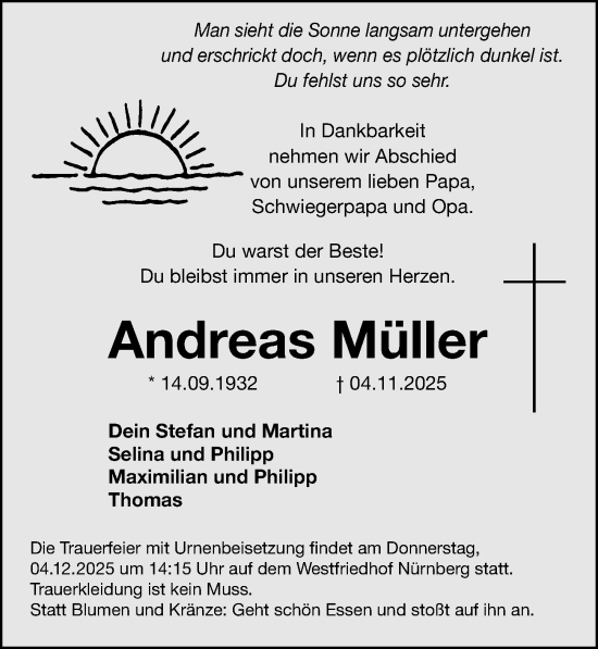 Traueranzeige von Andreas Müller von Gesamtausgabe Nürnberger Nachrichten/ Nürnberger Ztg.