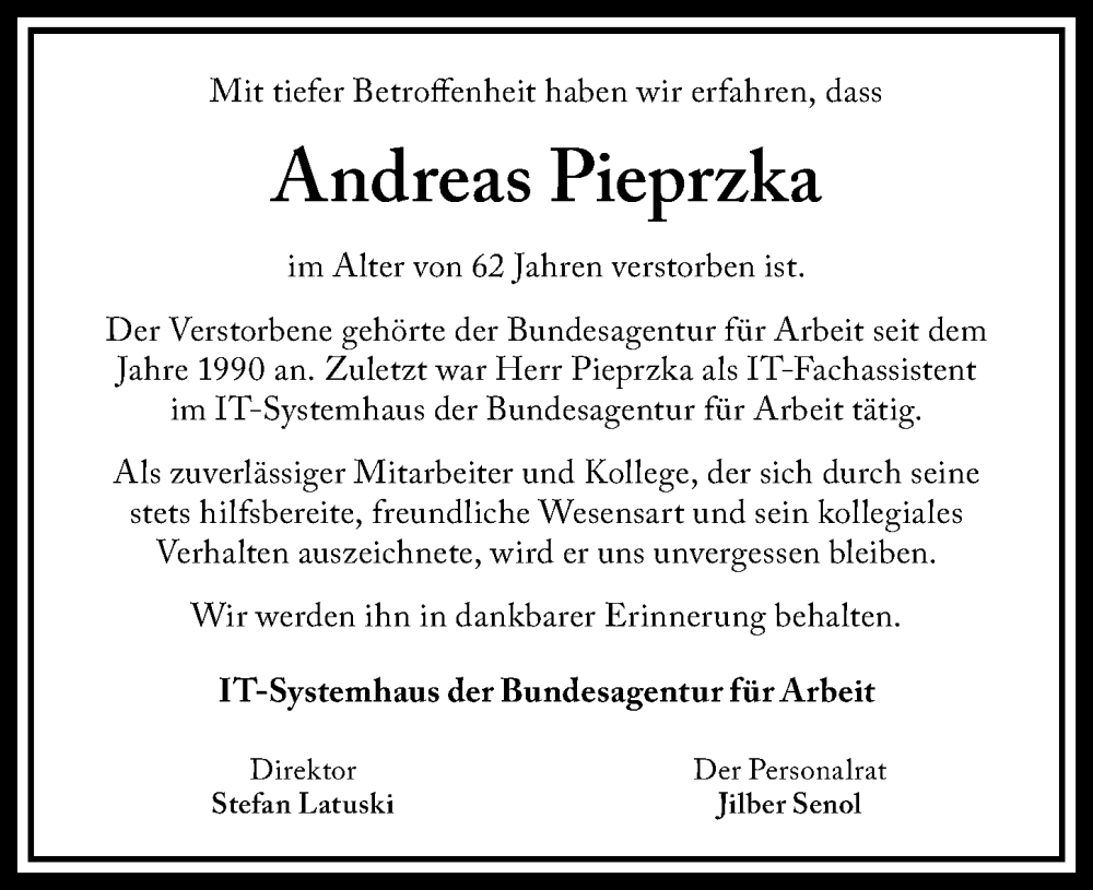  Traueranzeige für Andreas Pieprzka vom 15.11.2025 aus Fürther Nachrichten Lokal