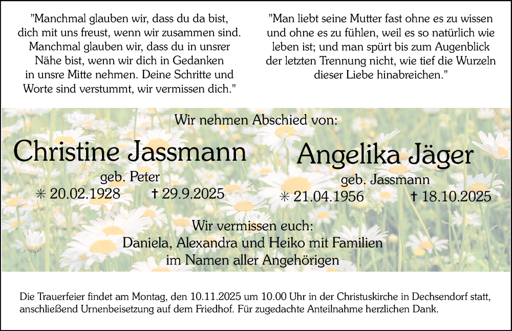  Traueranzeige für Angelika Jager vom 08.11.2025 aus Erlanger Nachrichten Lokal