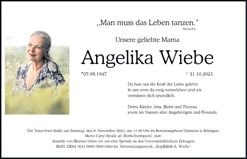  Traueranzeige für Angelika Wiebe vom 05.11.2025 aus Erlanger Nachrichten Lokal