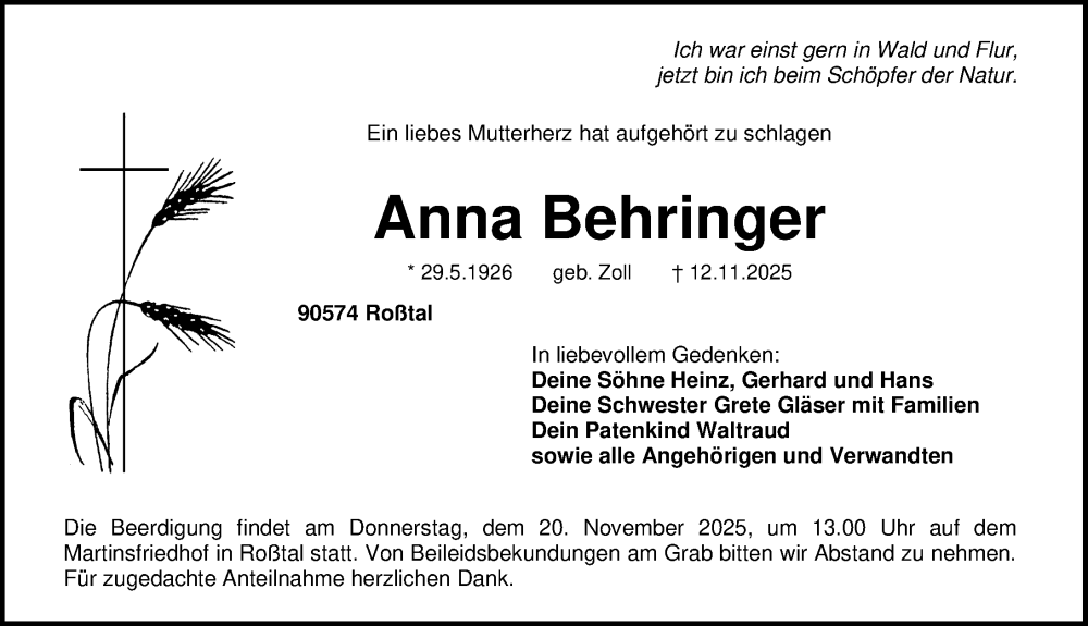  Traueranzeige für Anna Behringer vom 15.11.2025 aus Fürther Nachrichten Lokal