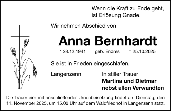 Traueranzeige von Anna Bernhardt von Fürther Nachrichten Lokal