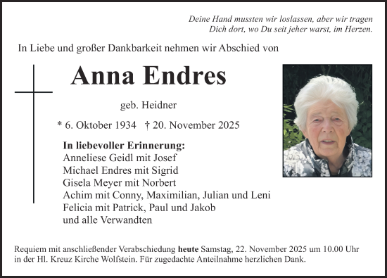 Traueranzeige von Anna Endres von Neumarkter Nachrichten Lokal