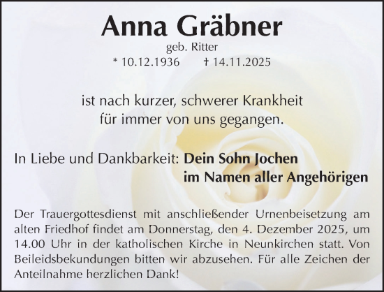 Traueranzeige von Anna Gräbner von Nordbayerische Nachrichten Forchheim Lokal