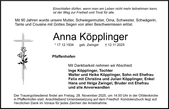 Traueranzeige von Anna Köpplinger von Roth-Hilpoltsteiner Volkszeitung Lokal