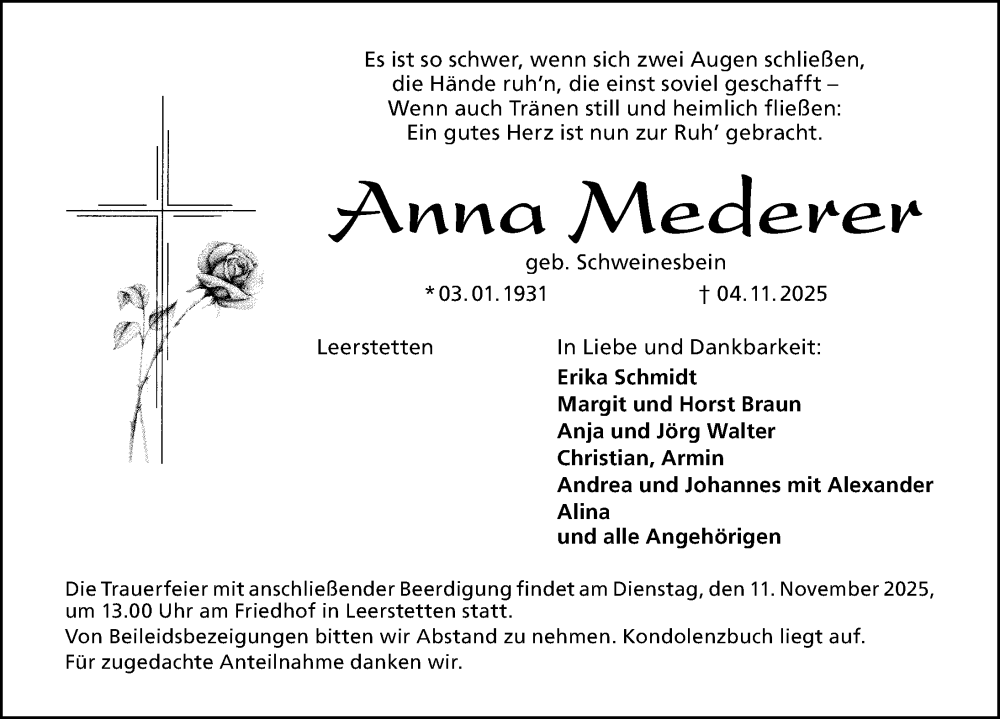  Traueranzeige für Anna Mederer vom 08.11.2025 aus Schwabacher Tagblatt Lokal